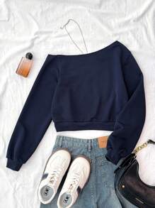 少女休闲皇家蓝色针织标语不对称肩部印花短袖修身上衣，适合春夏季，凉爽，基本款，日常，百搭，运动时尚，返校季，校服