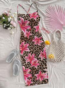 Tween Girl Casual Daily Vacation Leopard Print & Pink Lily Flower Floral Print Fitted Dress - Pink - View 2