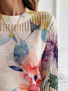 EMERY ROSE New Vintage Artistic Tie-Dye Print Round Neck Lightweight Ice Silk Women Pullover Sweater, Stylish For Spring And Summer Floral Sweaters For Women Colorful Tops For Women Women Blouses Long Sleeve Summer Sweaters For Women Women Sweaters