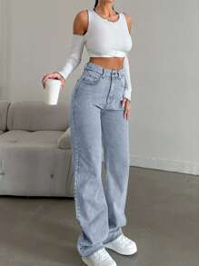 SHEIN Tall Snow Wash Straight Leg Jeans High Rise For Tall - Teal Blue - View 4