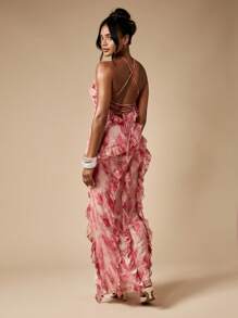 MISSGUIDED Floral Ruffle Maxi Dress Evening Gown Halter Neck Special Occasion Wedding Guest Empire Waist Devore Chiffon Backless Party Formal - Multicolor - View 2