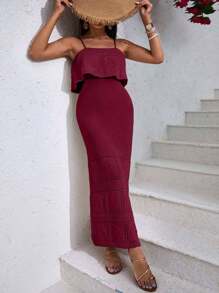 EURMUSE 女士纯色休闲/度假风无袖长裙，夏季 - 酒紅色 - 查看 3