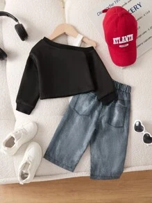 SHEIN 女宝宝秋冬新款时尚斜肩长袖卫衣和裤子两件套 - 黑色 - 查看 2