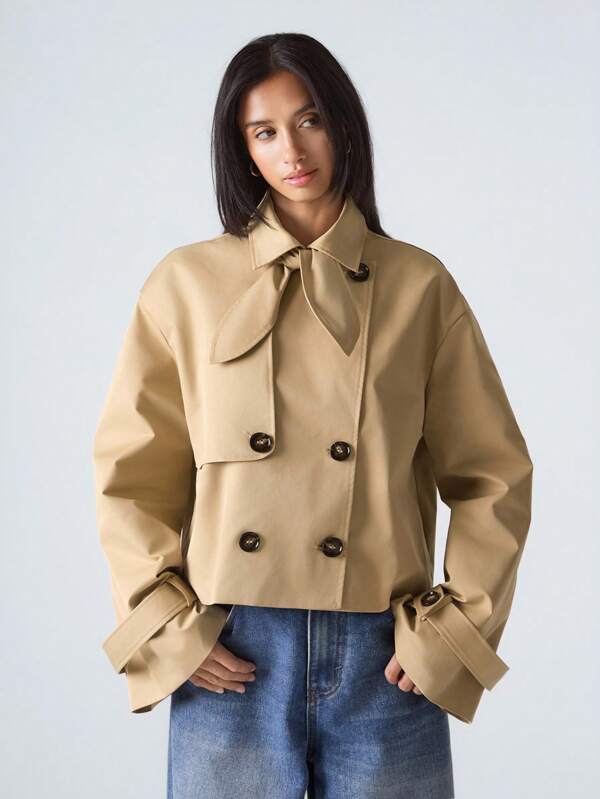 LYSMO Coupe-vent décontracté à double boutonnage, manches longues et épaules tombantes, couleur unie pour femmes
