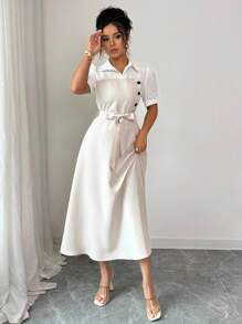 Elenzga 优雅浪漫度假通勤商务拼色衬衫领中长款女装 - 杏色 - 查看 6