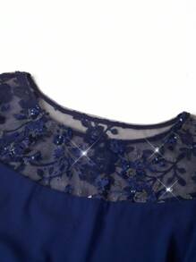 Ellevyn Váy voan xếp nếp nhiều lớp, cổ và tay áo cỡ lớn, đính sequin, màu xanh đậm, váy cho mẹ cô dâu, mùa hè, thời trang cho mùa hè - Màu xanh hải quân - Xem 4