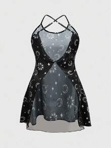 ROMWE Plus Size Women Gothic Dark Moon & Star Jacquard Satin Sheer Back-Cross Camisole Sleepwear, Summer - Black - View 2