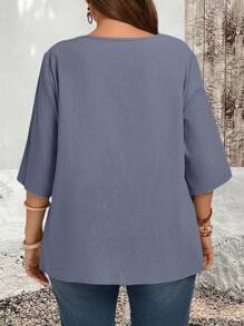 EMERY ROSE 大码不对称下摆绿色乡村衬衫秋装 - 藍色 - 查看 2