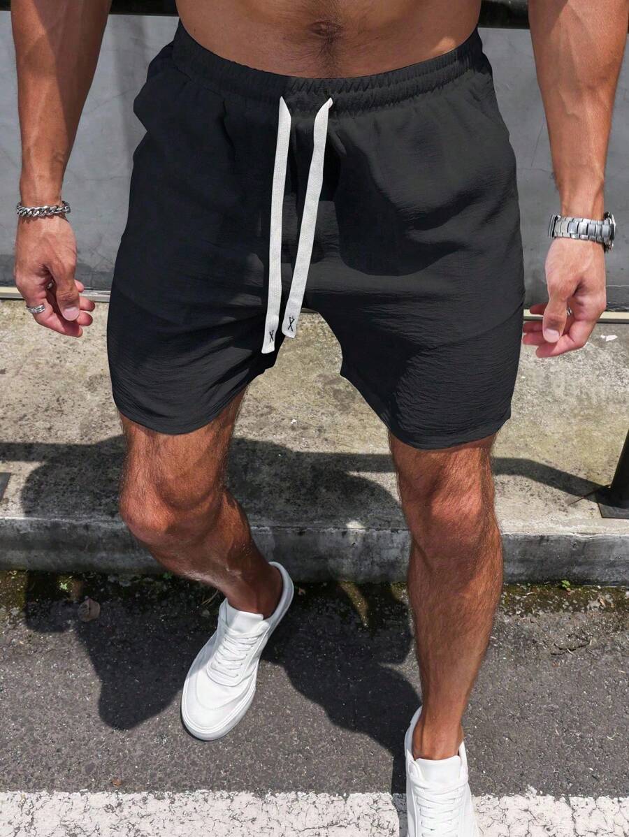 Manfinity Homme Men's Drawstring Waist Pockets Relaxed Casual Cool Ice Silk Linen-Like Shorts Men Shorts Summer Men Capri Short Drawstring Sumwon Black Shorts - Black - View 1