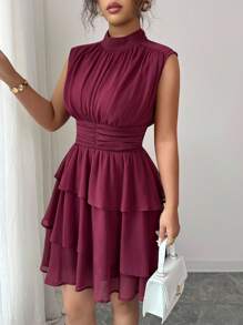 Elenzga 女士休闲通勤度假下午茶派对纯色雪纺褶皱面料小领腰部褶皱分层下摆无袖短款意大利风格荷叶边细节连衣裙 - 中紫紅色 - 查看 6