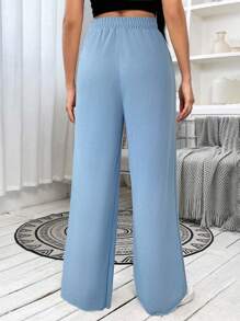 SHEIN EZwear Women's Casual Hazy Blue Distressed Drawstring Waist Wide Leg Sports Pants