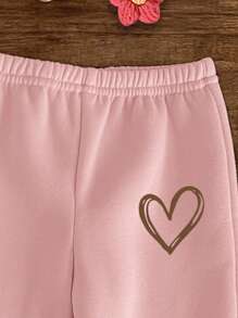 SHEIN 女婴针织柔软连帽衫和裤子套装，休闲宽松长袖运动服，适合秋冬季 - 粉色 - 查看 5