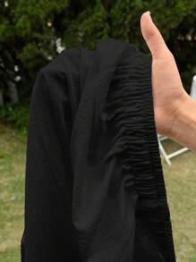 SHEIN EZwear 大码女式纯色抽绳腰宽松阔腿休闲裤 - 黑色 - 查看 7