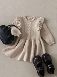 PrepCrw 女婴优雅荷叶边领长袖针织毛衣裙