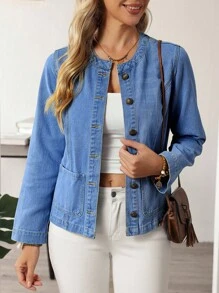 EMERY ROSE 女士圆领长袖单排扣休闲口袋牛仔夹克 - 藍色 - 查看 6