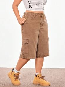 SHEIN ICON Vaqueros tipo cargo azul lavado de corte relajado con bolsillos grandes