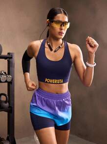 Powerista Ensemble de sport pour femmes avec imprimé lettres, couleurs contrastées et dos croisé pour l'été. Tenue de sport pour femmes. - Bleu azur - Voir 5