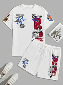 Manfinity Homme Bộ áo thun và quần short họa tiết phù hiệu thường ngày dành cho nam, phù hợp cho mùa hè, bộ 2 món, trang phục ấm áp - trắng - Xem 2