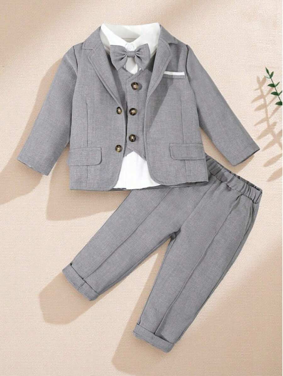 SHEIN 4 Peças Conjunto de Roupa de Menino Bebê Cavalheiro de Volta às Aulas, Incluindo Camisa de Manga Longa com Laço, Colete, Blazer de Manga Longa e Calça, Adequado para Aniversário, Casamento, Batizado e Festa de 1º Aniversário, Apresentação Infantil e Traje Formal de Casamento - Cinza - Visão 1