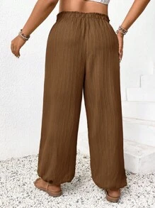 SHEIN Frenchy 大码女式纯色荷叶边腰带哈伦裤 - 咖啡棕 - 查看 3