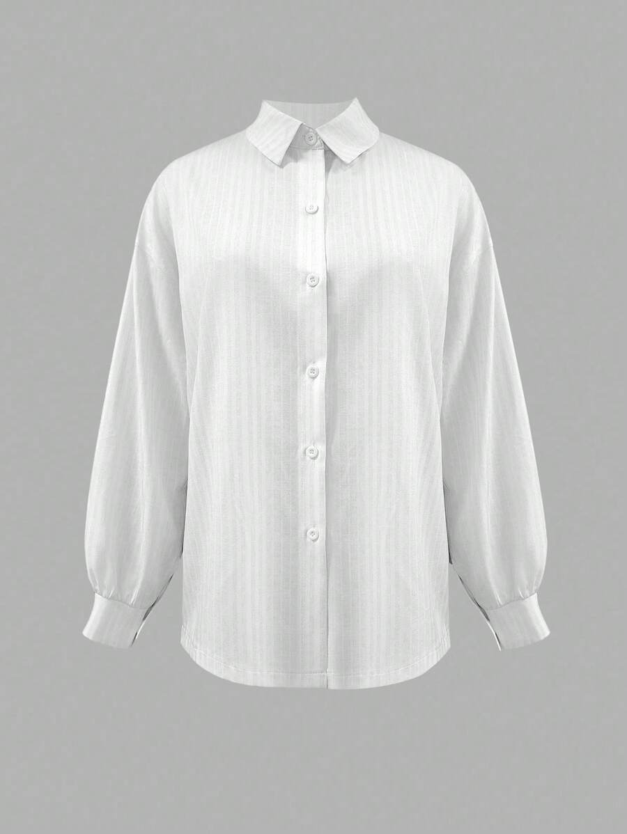 INAWLY 女士春夏条纹落肩长袖宽松休闲衬衫 - 白色 - 查看 1