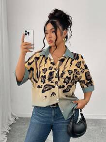 Elenzga 大码女式豹纹短袖前开休闲衬衫，春夏