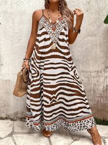 Breezaya Plus Size Women Leopard & Zebra Pattern Loose Sleeveless Dress, Summer - Brown - View 6