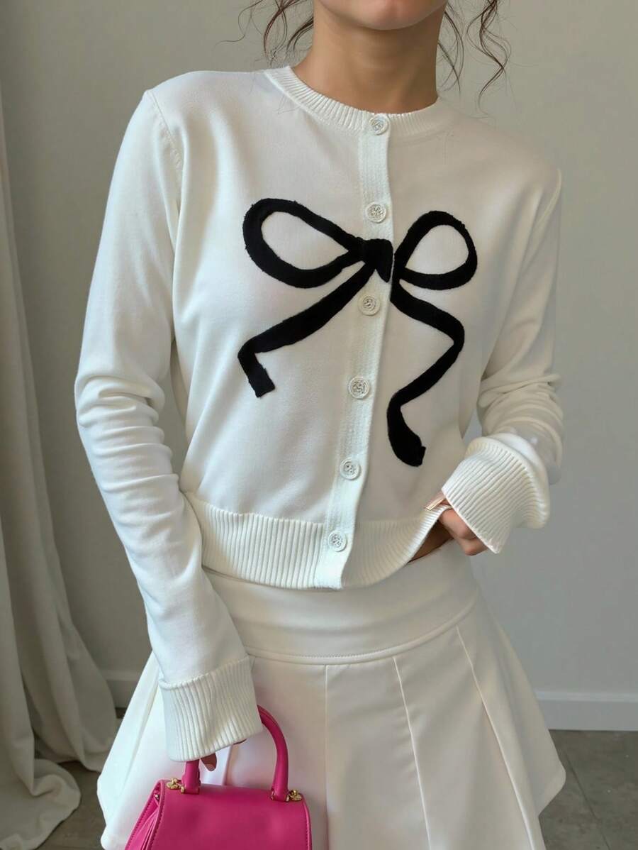 Gloray Minimalist Style Commute & Date-Suitable Bow Embroidered Casual Elegant Knitted Cardigan For Travel Knitted Sweater Fall Cloth For Women - Beige - View 1
