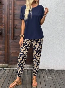 EMERY ROSE 休闲女式两件套服装，搭配随机印花裤和蓝色梭织 T 恤，两件套女式上衣和裤子套装，女式两件套裤子套装，女式衬衫和裤子套装，两件套休闲套装女式 - 藍色 - 查看 5