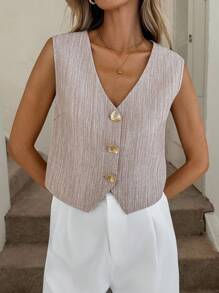 Easowa V领不对称下摆金属纽扣前开衫马甲女装休闲宽松日常通勤复古风亚麻背心纽扣背心浅棕色背心女夏季背心亚麻上衣 - 卡其色 - 查看 7