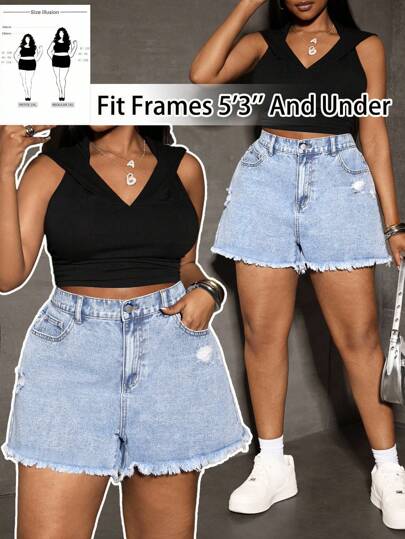 SHEIN PETITE CURVE 大码女式蓝色破洞牛仔短裤