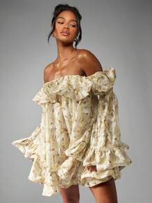 MISSGUIDED Chiffon Off Shoulder Mini Dress Floral Print Ruffle Bell Sleeve Spring Summer Wedding Guest Boho Garden Party Smock - Yellow - View 1