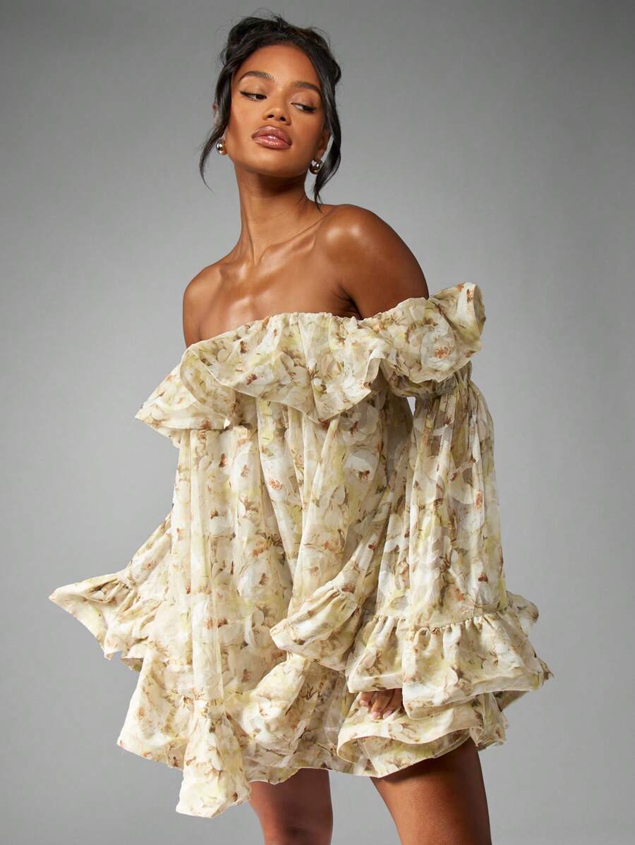 MISSGUIDED Chiffon Off Shoulder Mini Dress Floral Print Ruffle Bell Sleeve Spring Summer Wedding Guest Boho Garden Party Smock - Yellow - View 1