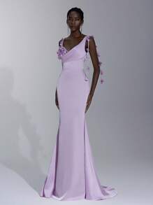 Elitara Vestido de Gala Formal Elegante com Lavanda Brilhante em Cetim Acetinado, Decote em V, Costura Manual com Flores 3D no Ombro, Franjas e Cauda de Sereia, Adequado para Encontros, Férias, Casamentos, Formaturas, Eventos Formais e Gala