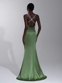 Elitara 优雅绿色缎面迷人珍珠吊带垂坠领美人鱼露背性感连衣裙，适合约会、度假、生日派对、舞会、婚礼、舞会、伴娘 - 綠色 - 查看 2