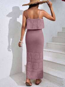 EURMUSE Vacation Casual Solid Color Hollow Out Knit Slip Dress - Dusty Pink - View 2