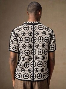 AKNOTIC Cárdigan de punto floral para hombre, color negro y blanco, ajuste delgado, manga corta, informal, apropiado para verano, vacaciones, uso diario, fiestas, conjunto de pareja, regalo para hombre, aniversario