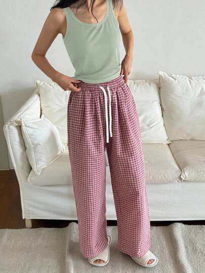 DAZY 纯色针织吊带背心和格子直筒睡裤女士家居服套装