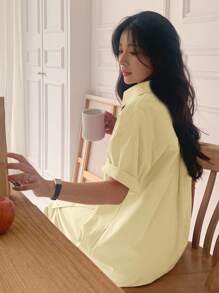 DAZY 女士宽松中长款短袖衬衫裙/长款连衣裙 - 米色 - 查看 5