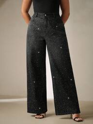 Anewsta Vintage wijde jeansbroek met steentjes en steentjes in plus-size stijl, geschikt voor elegante, feestelijke, casual, feestelijke gelegenheden en vakanties.
