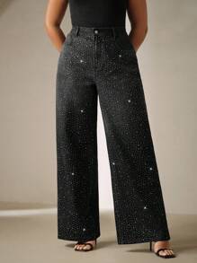 Anewsta Jeans a gamba larga con strass, taglie forti, moda donna