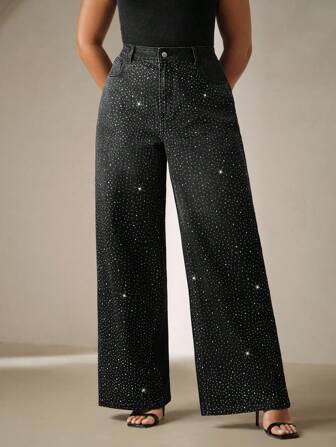 Anewsta Plus Size Vintage Rhinestud Embellished Loose Wide Leg Jeans Pants, Suitable For Elegant, Festival, Casual, Elegant, Holiday, Vacation