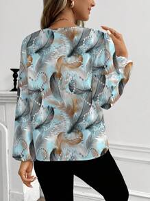 Shutterstock Glamance Women's Casual Feather Print Long Sleeve Shirt, Suitable For Spring And Autumn Feather Print Blouse Women Fashion Blouse Light Blue Blouse Elegant Blouse Fall Women Clothes - Teal Blue - View 2
