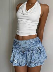 Comfortcana 时尚蓝色亮片低腰迷你裙，夏季