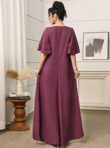 Al Najma Women's Elegant Solid Color Lace Patchwork Arabic Style Dress - Purple - View 3