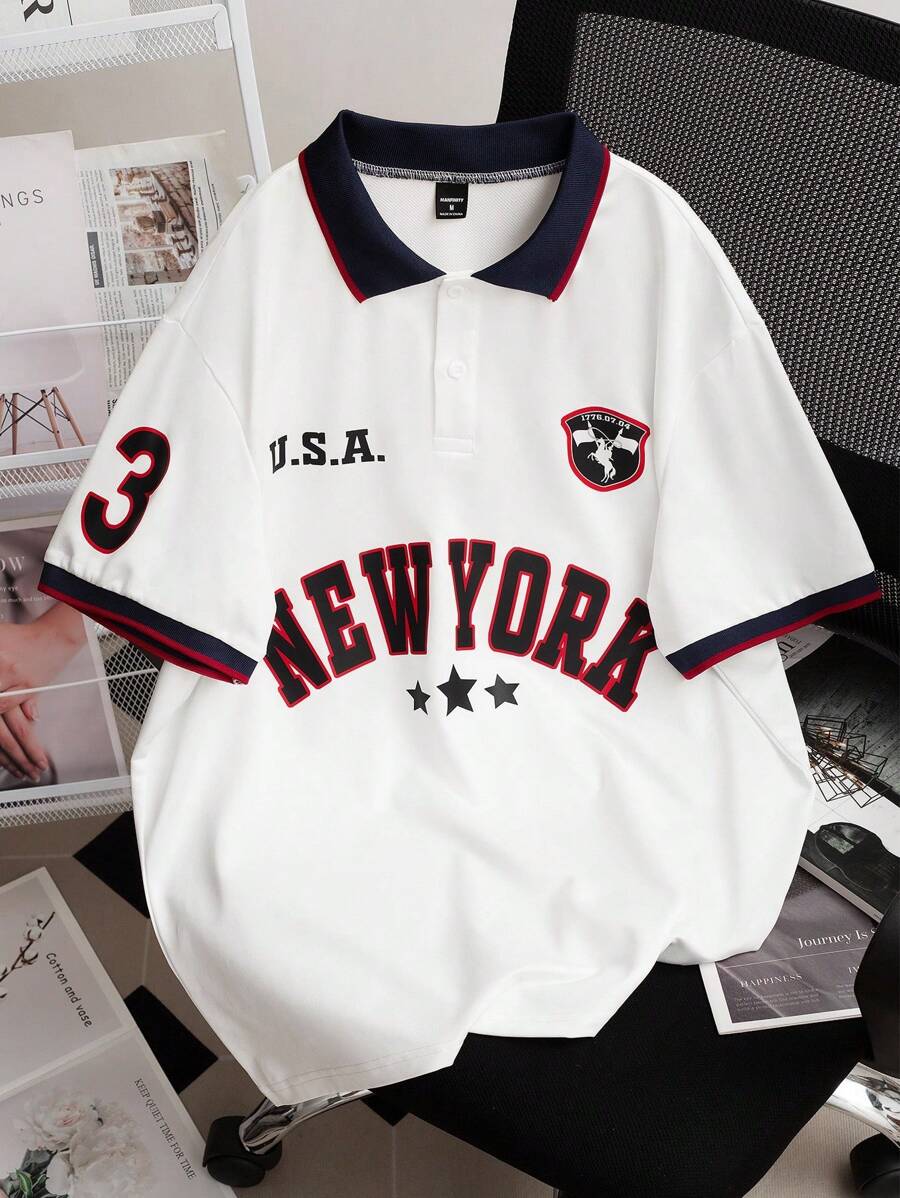 Manfinity Campus Court Men's Casual Letter Print Short Sleeve Polo Shirt For Commuting, Summer - White - View 1