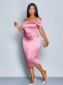 SOLERSUN SOLERSUN Women's Plus Size Fashion Solid Color Elegant Party Off-The-Shoulder Ruffled Satin Midi Dress, Diverse Twist Design Dress, Autumn, Winter, Music Festival, Party,Fall