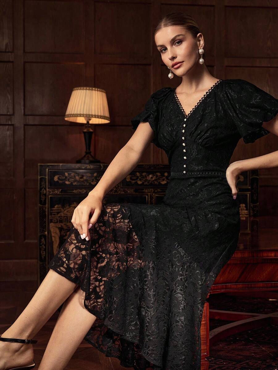 ZEYLAH Thời trang thanh lịch cho phụ nữ dài ren váy với eo định nghĩa - màu đen - Xem 1