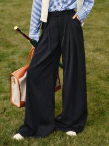 Briarwyn Quần ống rộng xếp ly dệt trơn màu đơn giản dành cho nữ, có túi bên hông, thời trang thu đông dành cho nữ, thời trang trở lại trường, thời trang giáo viên dành cho nữ, phong cách cổ điển dành cho nữ, phong cách quý tộc - màu đen - Xem 1