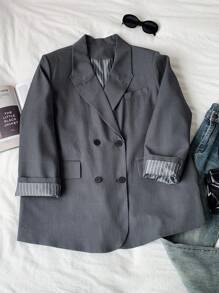 SHEIN EZwear Áo khoác Blazer hai hàng khuy thường ngày/công sở cỡ lớn - Xám - Xem 4